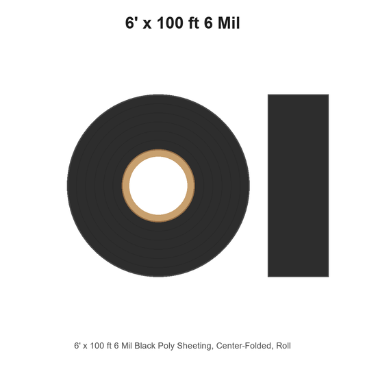 6' x 100 ft 6 Mil Black Poly Sheeting, Center-Folded, Roll