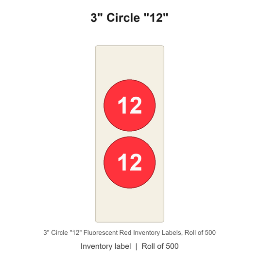 3" Circle "12" Fluorescent Red Inventory Labels