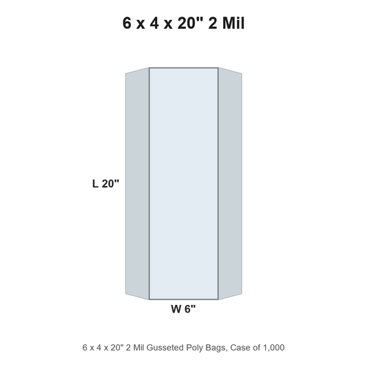 6 x 4 x 20" 2 Mil Gusseted Poly Bags