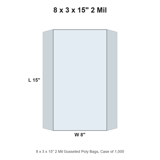 8 x 3 x 15" 2 Mil Gusseted Poly Bags