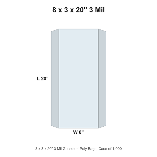 8 x 3 x 20" 3 Mil Gusseted Poly Bags