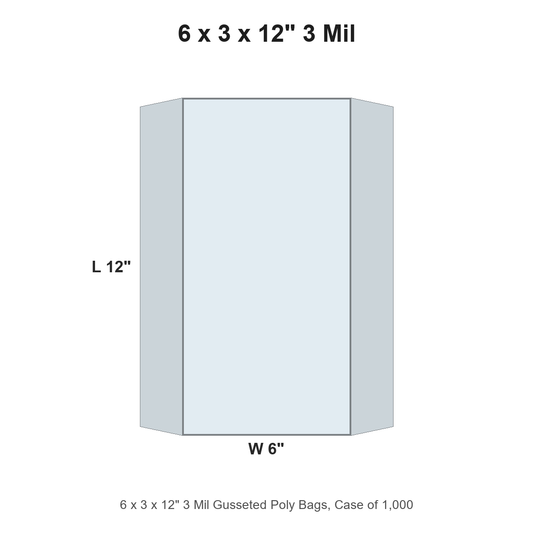 6 x 3 x 12" 3 Mil Gusseted Poly Bags