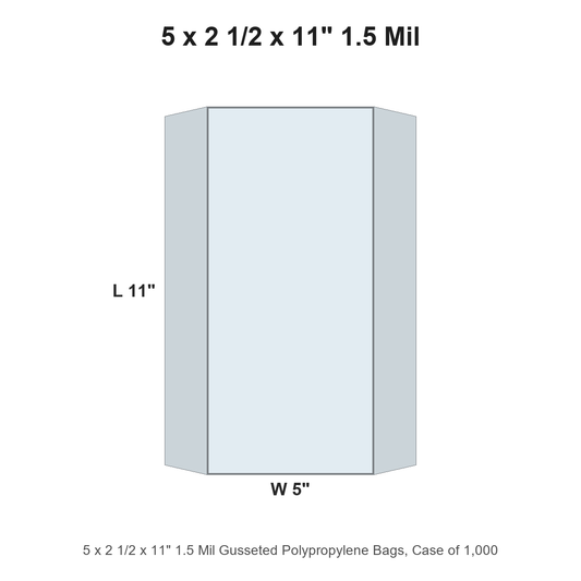 5 x 2 1/2 x 11" 1.5 Mil Gusseted Polypropylene Bags