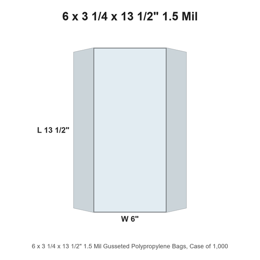 6 x 3 1/4 x 13 1/2" 1.5 Mil Gusseted Polypropylene Bags