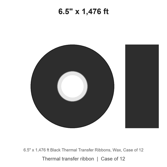 6.5" x 1,476 ft Black Thermal Transfer Ribbons, Wax