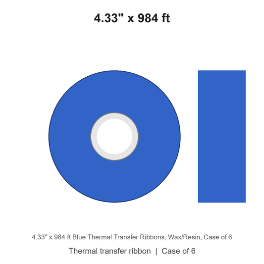 4.33" x 984 ft Blue Thermal Transfer Ribbons, Wax/Resin