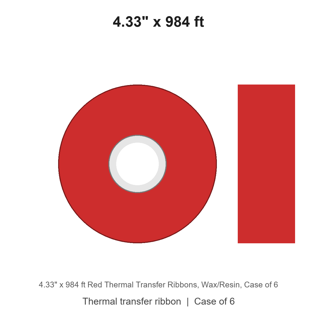 4.33" x 984 ft Red Thermal Transfer Ribbons, Wax/Resin