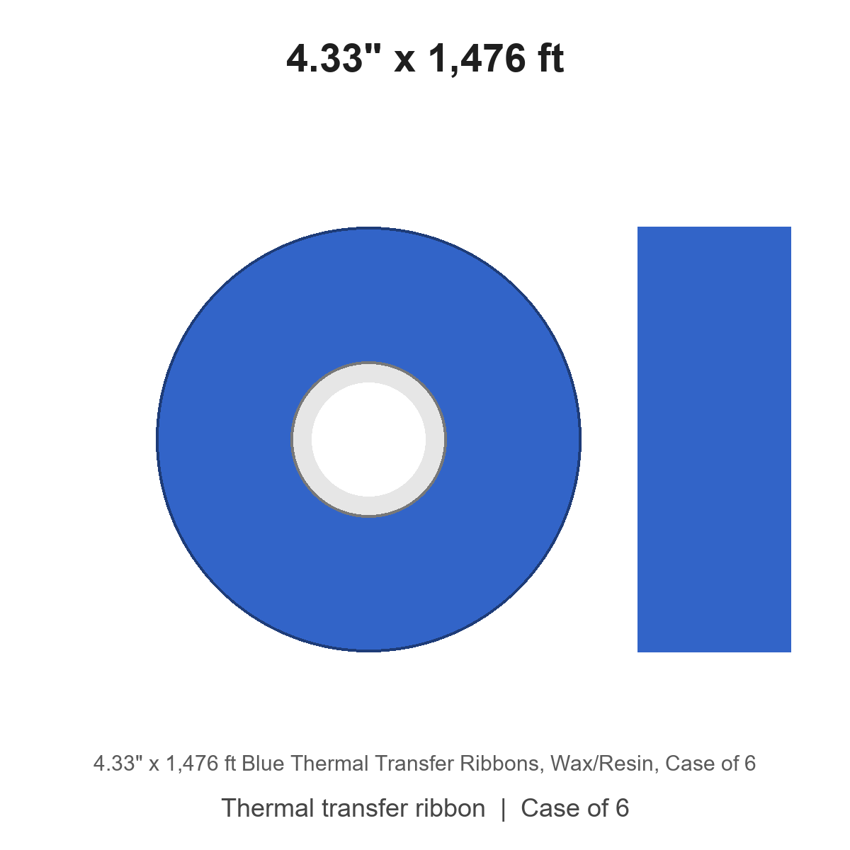 4.33" x 1,476 ft Blue Thermal Transfer Ribbons, Wax/Resin
