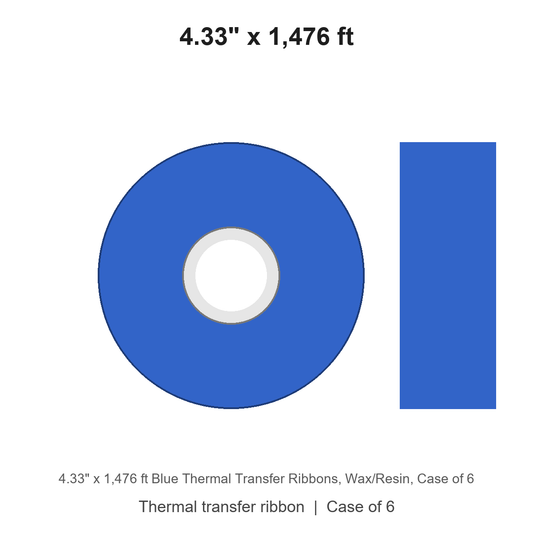 4.33" x 1,476 ft Blue Thermal Transfer Ribbons, Wax/Resin
