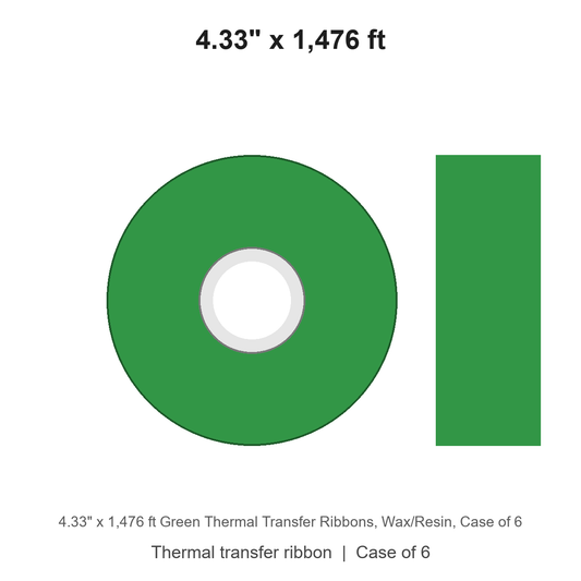 4.33" x 1,476 ft Green Thermal Transfer Ribbons, Wax/Resin