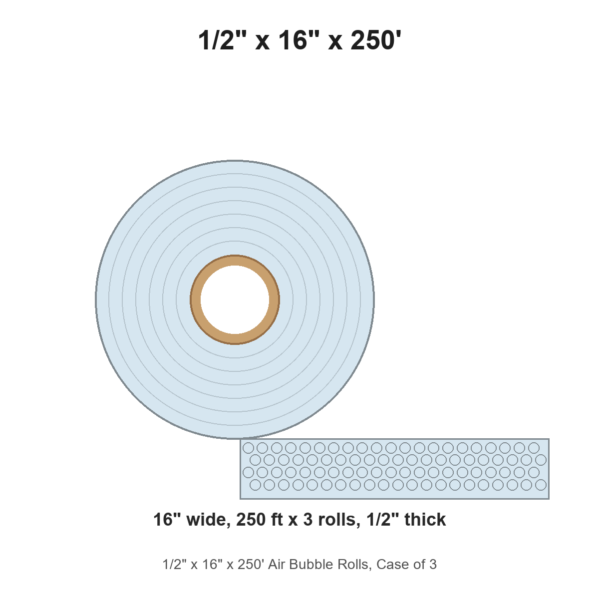 1/2" x 16" x 250' Air Bubble Rolls, Case of 3