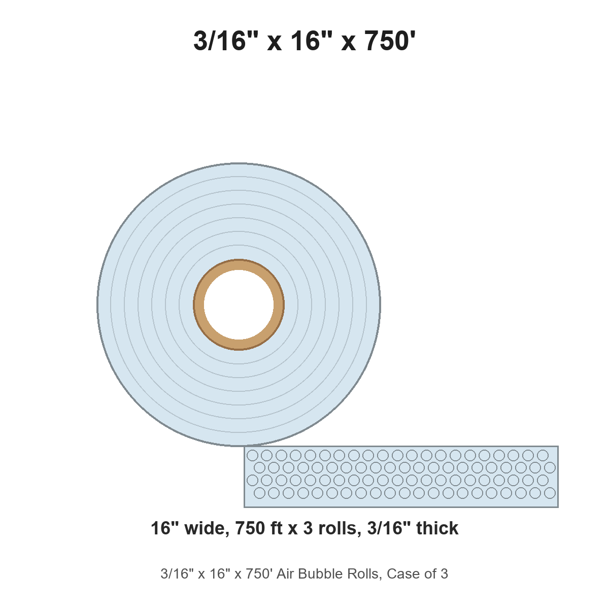 3/16" x 16" x 750' Air Bubble Rolls, Case of 3