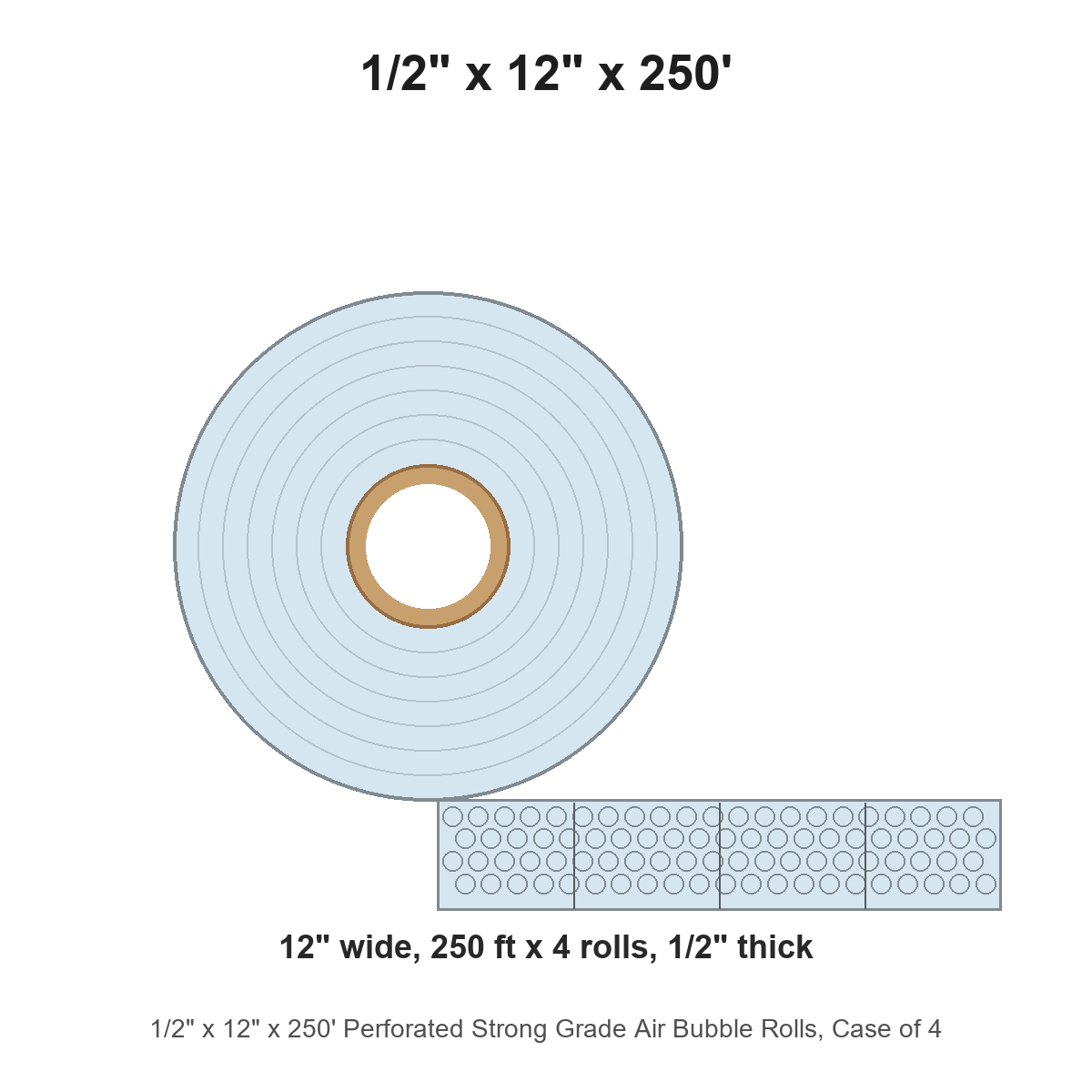 1/2" x 12" x 250' Perforated Strong Grade Air Bubble Rolls, Case of 4