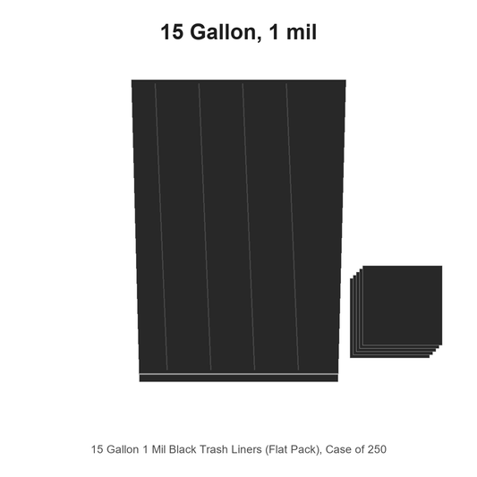 15 Gallon 1 Mil Black Trash Liners (Flat Pack), Case of 250