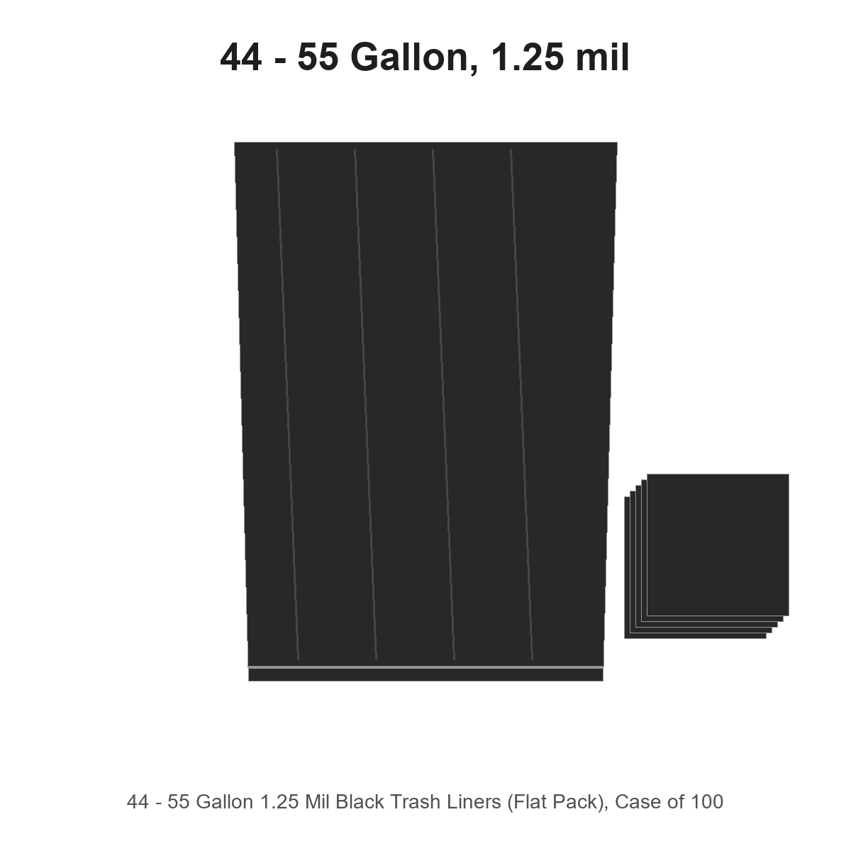 44 - 55 Gallon 1.25 Mil Black Trash Liners (Flat Pack), Case of 100