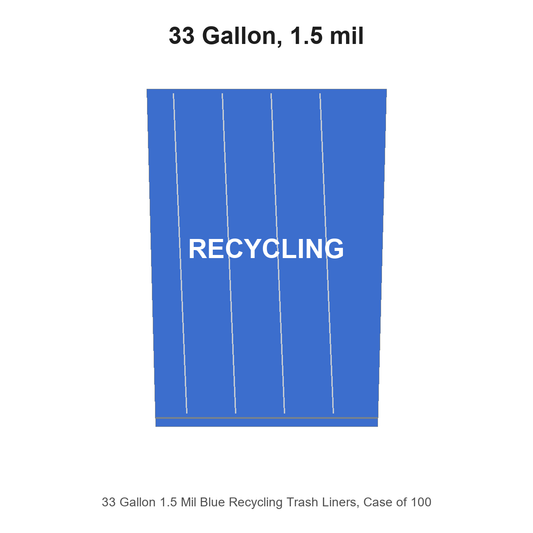 33 Gallon 1.5 Mil Blue Recycling Trash Liners, Case of 100