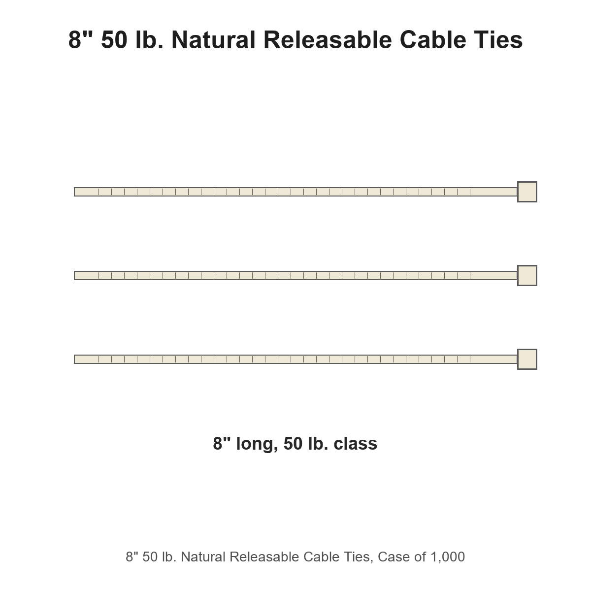 8" 50 lb. Natural Releasable Cable Ties, Case of 1,000