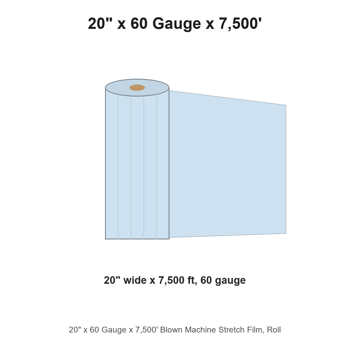 20" x 60 Gauge x 7,500' Blown Machine Stretch Film, Roll