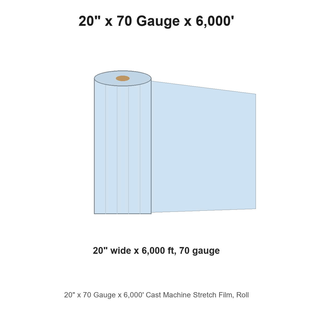 20" x 70 Gauge x 6,000' Cast Machine Stretch Film, Roll
