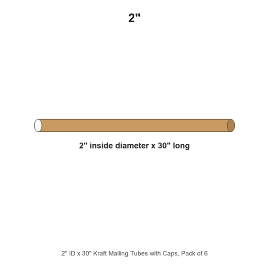 2" ID x 30" Kraft Mailing Tubes with Caps, Pack of 6