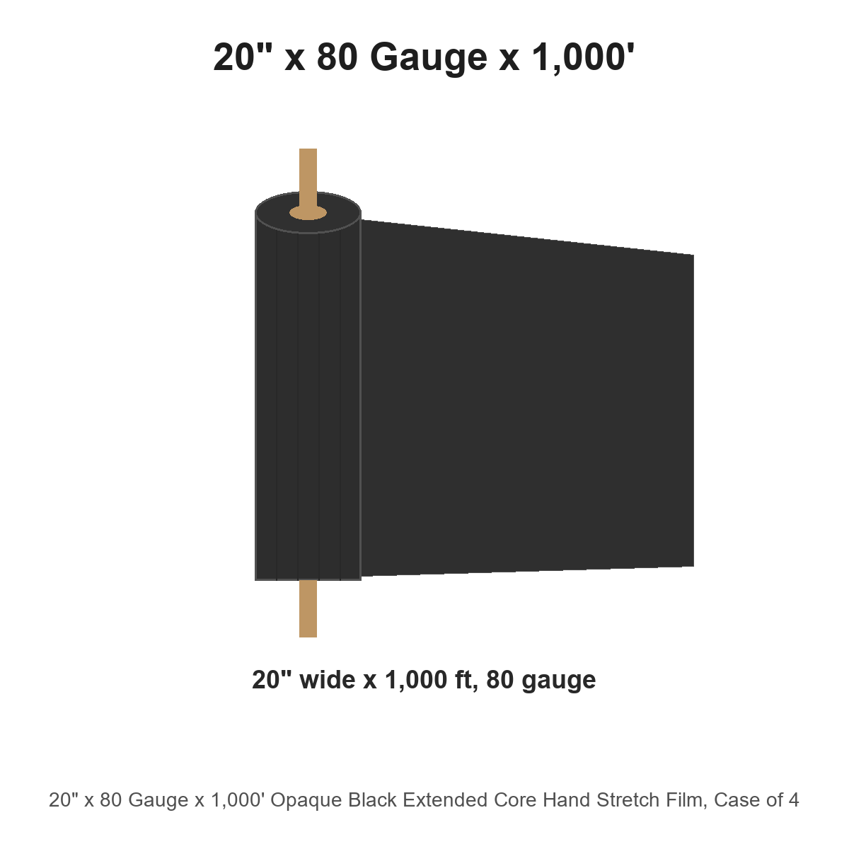 20" x 80 Gauge x 1,000' Opaque Black Extended Core Hand Stretch Film