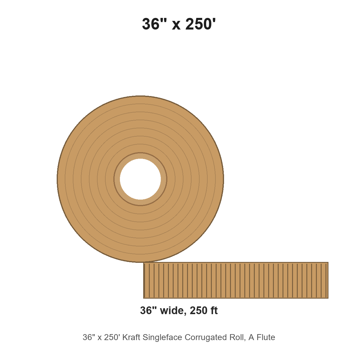 36" x 250' Kraft Singleface Corrugated Roll, A Flute