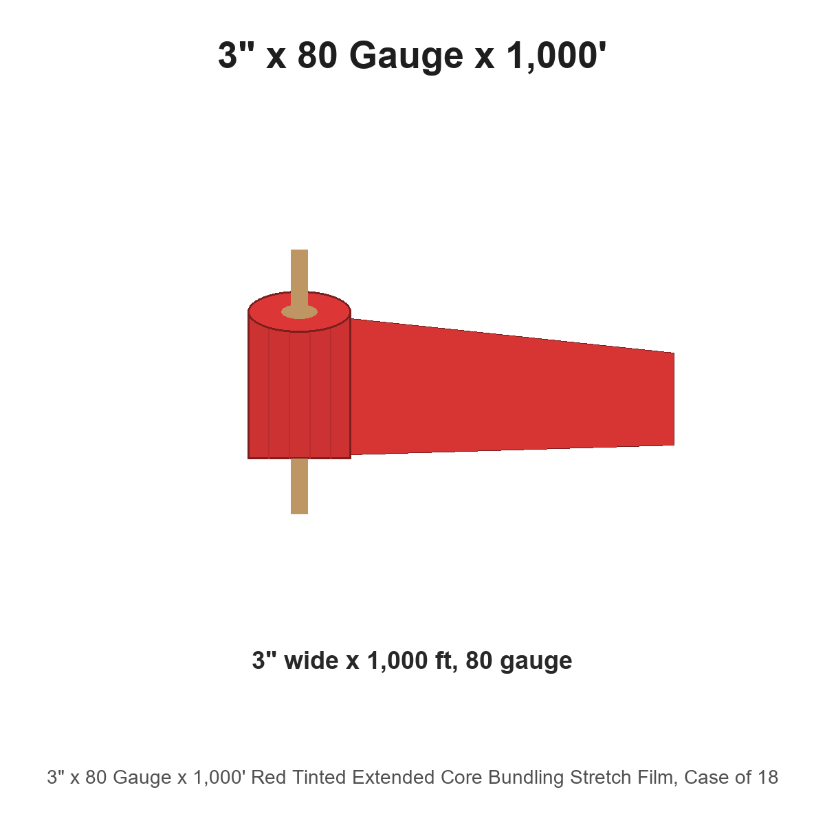 3" x 80 Gauge x 1,000' Red Tinted Extended Core Bundling Stretch Film