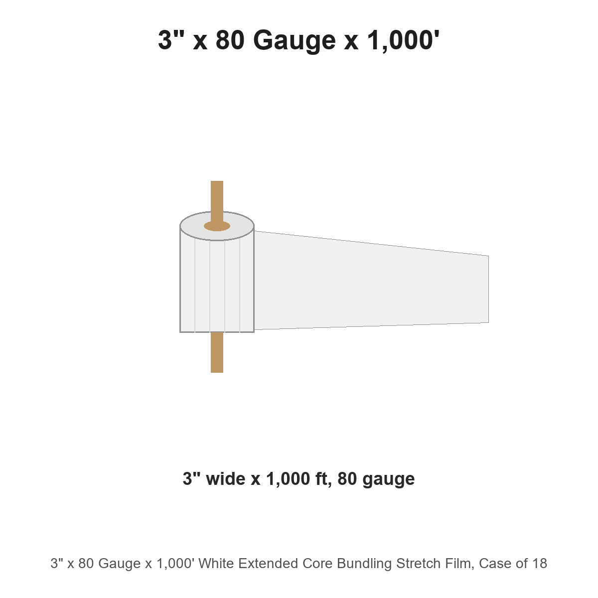 3" x 80 Gauge x 1,000' White Extended Core Bundling Stretch Film