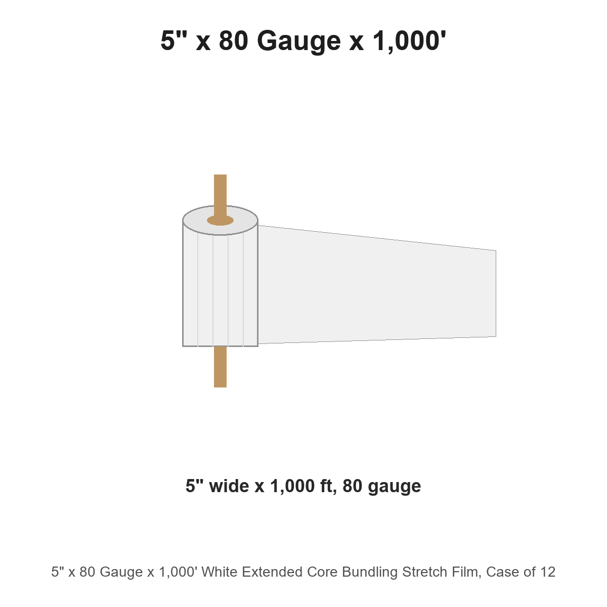5" x 80 Gauge x 1,000' White Extended Core Bundling Stretch Film