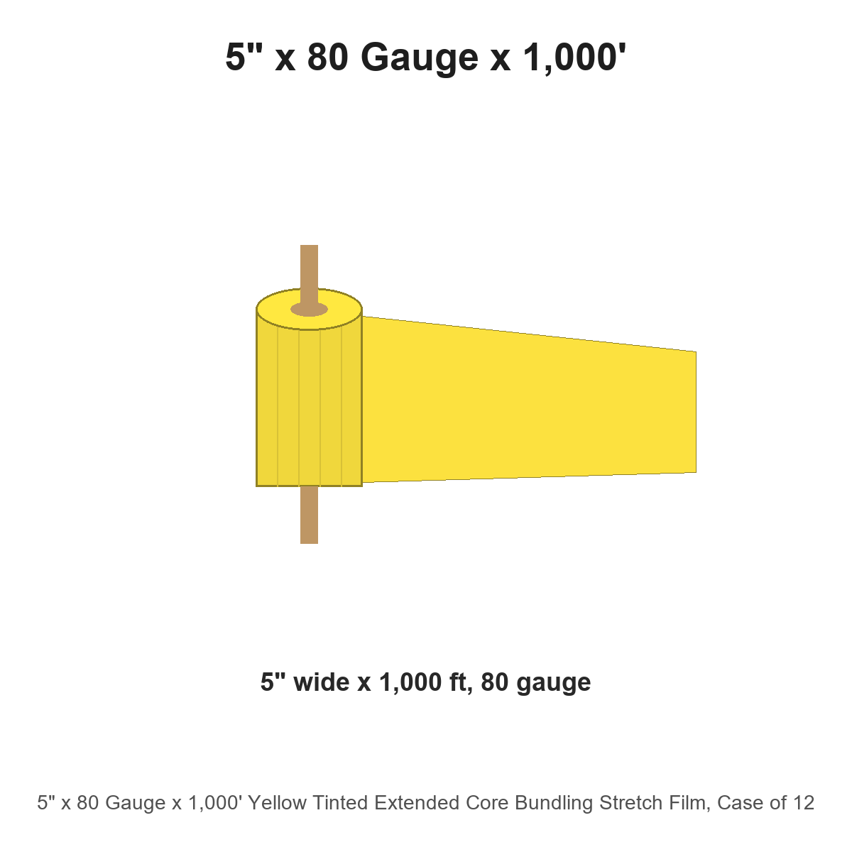 5" x 80 Gauge x 1,000' Yellow Tinted Extended Core Bundling Stretch Film