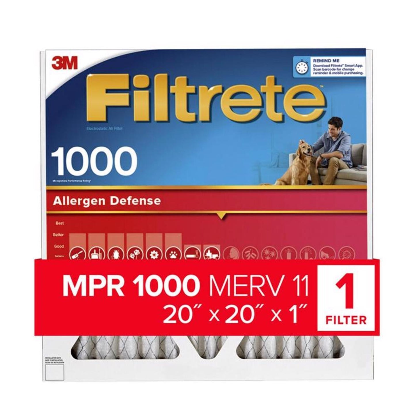 Filtrete Allergen Defense 20 in. W X 20 in. H X 1 in. 1000 MPR Pleated Air Filter 1 pk