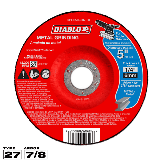 Diablo 5 in. D X 7/8 in. X 1/4 in. thick Aluminum Oxide Metal Grinding Disc 1 pc