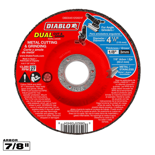 Diablo 4-1/2 in. D X 7/8 in. X 1/8 in. thick Aluminum Oxide Metal Dual Cut and Grind Disc 1 pk