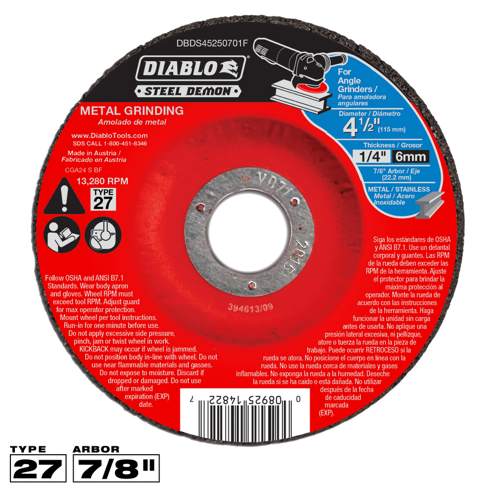 Diablo Steel Demon 4-1/2 in. D X 7/8 in. X 1/4 in. thick Steel Metal Grinding Disc 1 pc