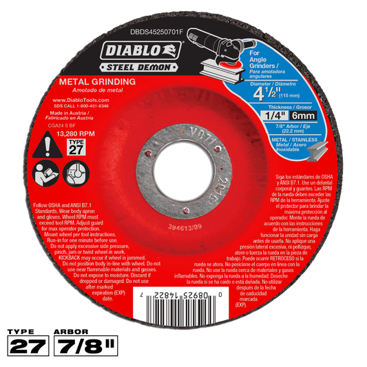 Diablo Steel Demon 4-1/2 in. D X 7/8 in. X 1/4 in. thick Steel Metal Grinding Disc 1 pc