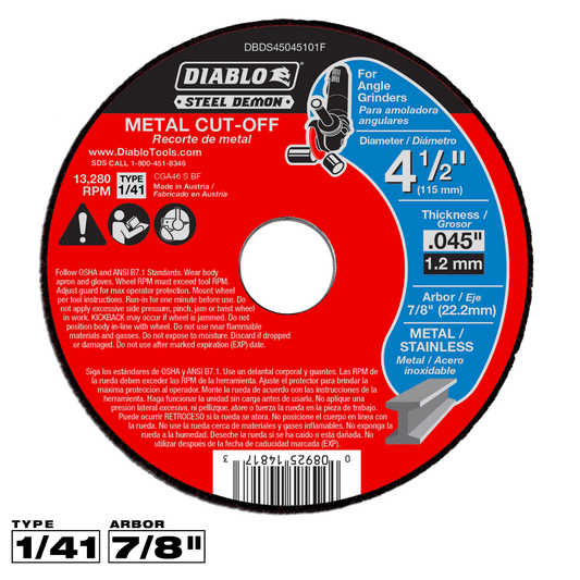 Diablo Steel Demon 4-1/2 in. D X 7/8 in. X 0.045 in. thick Steel Metal Cut-Off Disc 1 pc