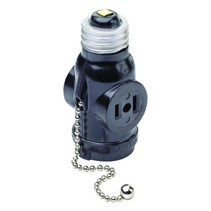 Leviton Plastic Medium Base Lampholder w/Outlet & Pull Chain 1 pk — 01406-000