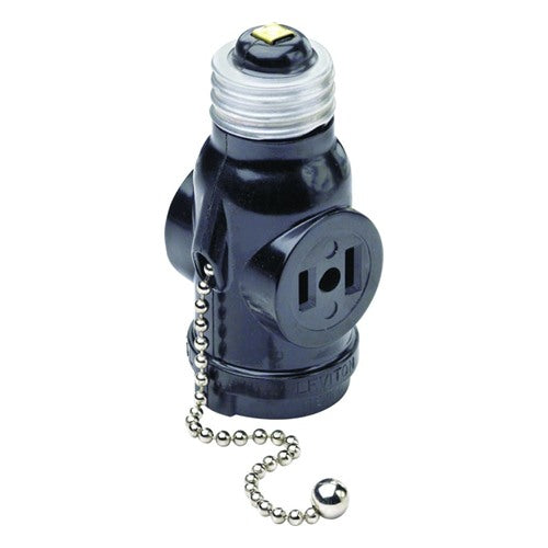 Leviton Plastic Medium Base Lampholder w/Outlet & Pull Chain 1 pk — 01406-000