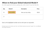 Example showing where to find a Global Industrial model number (example number, not a real document)