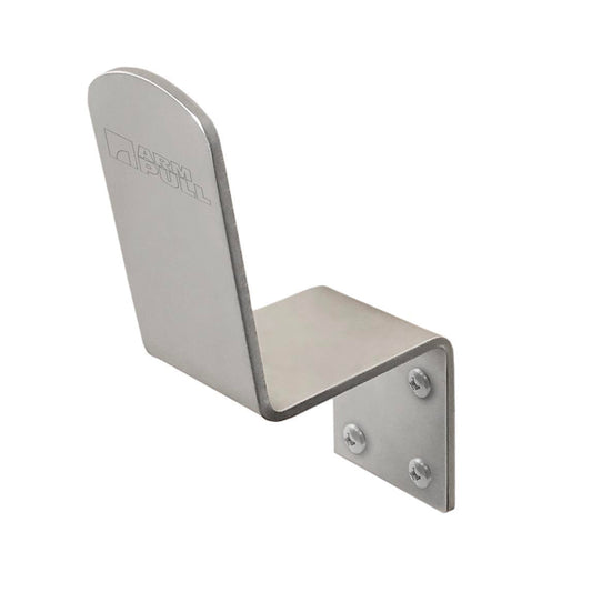 Restroom Direct ArmPull AP01 brushed stainless steel hands-free forearm door opener mounted on a restroom door