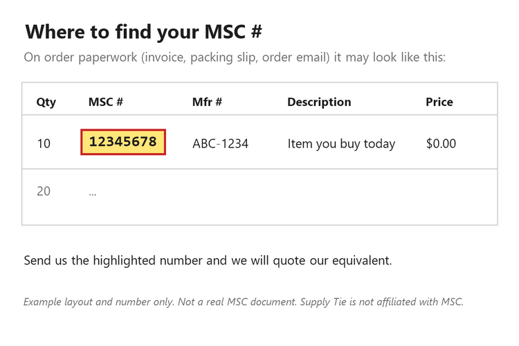 Example showing where to find a MSC Industrial item number (MSC #) (example number, not a real document)