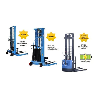 Pallet Stackers That Are Manual, Semi-Electric And Full Electric W/Adjustable Base Legs