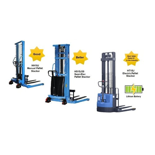 Pallet Stackers That Are Manual, Semi-Electric And Full Electric W/Adjustable Base Legs
