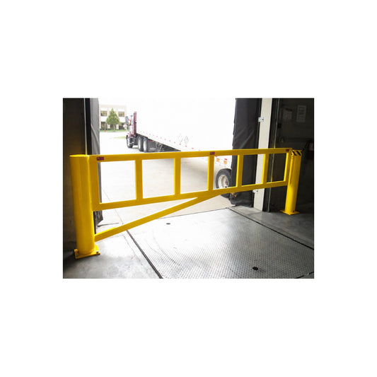 Save-ty Yellow rotating dock gate closed across a dock door