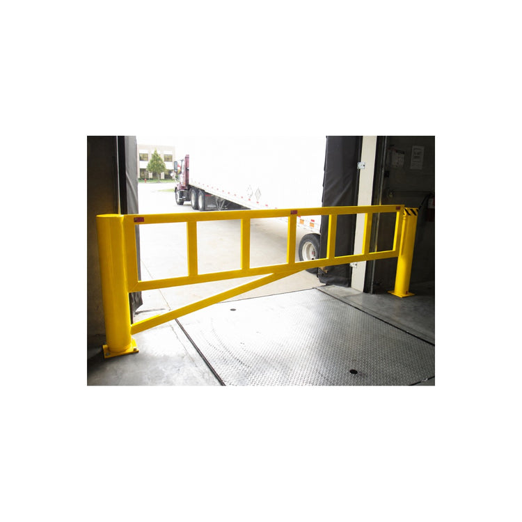 Save-ty Yellow rotating dock gate closed across a dock door