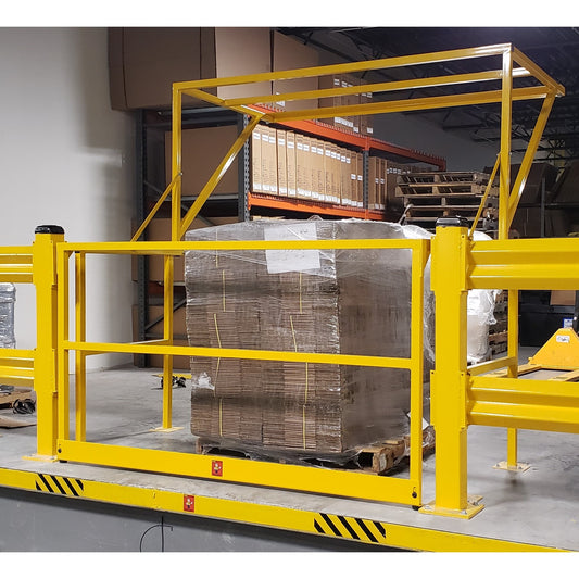 Save-ty Yellow mezzanine pivot gate closed at the platform edge