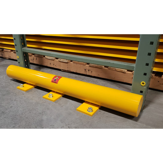 Save-ty Yellow low profile round rack guard in front of a rack end frame
